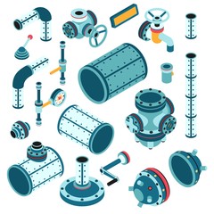 Industrial steampunk spare parts for assembling apparatus, machine - pipe, flange, fitting, body, valve, splitter, lever, handle and so on. 3d isometric vector illustration.