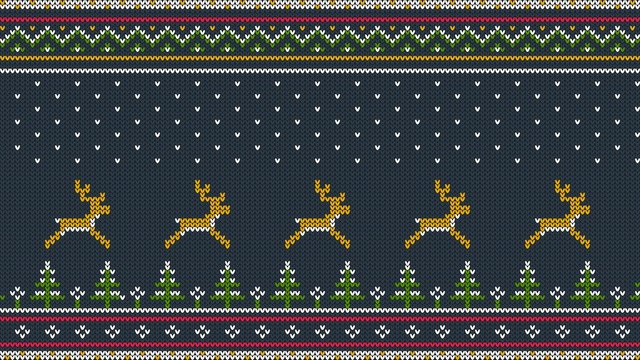 Northern knitted color horizontal ornament for sweeter with deer running over the spruce forest, national patterns and falling snow.