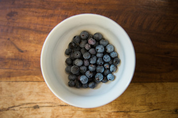Bowl Of Blueberries on Wood Table, Top View