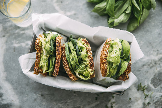 Food: Green vegetable sandwiches, vegan