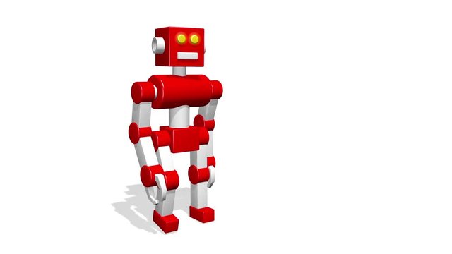 Funny 3D toy robot walk on a white background. Looped animation.