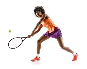 Tuinposter Young tennis girl in silhouette isolated on white background. Dynamic movement © Romario Ien