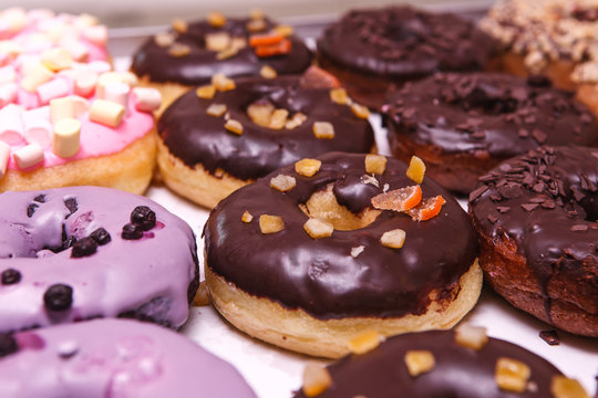 Assorted donuts with chocolate frosted