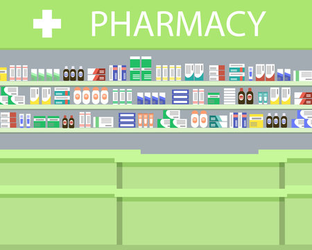 Objects of a pharmacy interior. There is a signboard and shelves with medicines in the picture. Vector illustration.