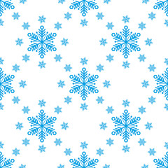 Beautiful seamless background for Merry Christmas or New year. Blue snow-flakes on a white background.
