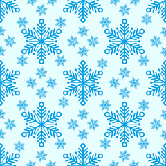 Christmas seamless pattern of small and big snowflakes, white on blue background
