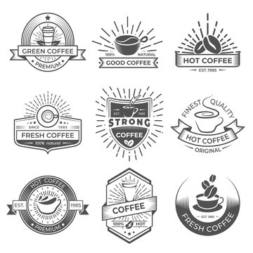 Set of nine coffee logo templates. Coffee labels with sample text. Mugs, beans and coffee equipment icons for coffee shop logos, badges and elements design