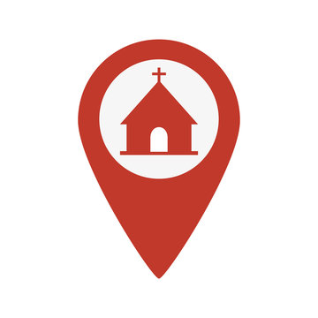 Map pointer icon with church on white background.