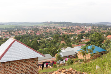 Lugazi, Uganda. June 18 2017. A view of the town of Lugazi and its surroundings from the top of a...