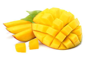 mango slice with green leaves isolated on white background. top view