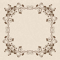 Floral ornament. Brown vintage frame on beige background