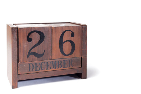 Wooden Perpetual Calendar set to December 26th, Boxing Day