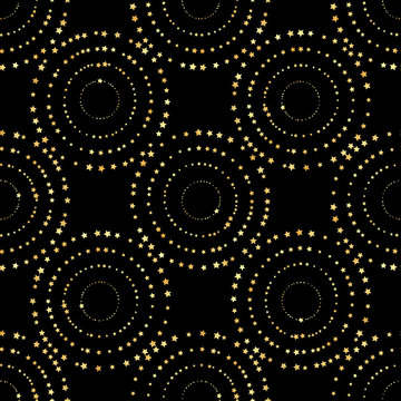 Gold stars confetti, Starburst on dark background vector, gold stars seamless pattern. Flying sparkles, golden glitter confetti falling pattern. Night stars sky, magic shining stars and glitter dots