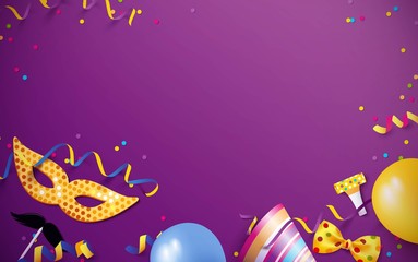 Carnival background flat lay. Carnival mask, streamers, confetti, balloons on purple background. Vector illustration