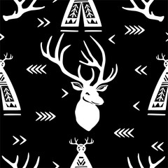 Seamless pattern with Deer heads and wigwams © Viktoriia Protsak