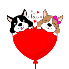 Fototapeta premium Funny cartoon dogs characters. Two dogs in love with heart shape balloon. Vector illustration isolated on white background.