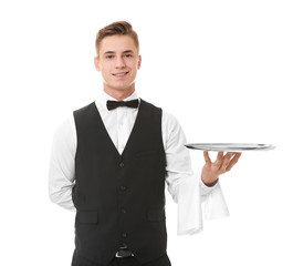 Waiter with metal tray on white background