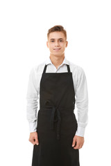 Handsome young waiter on white background
