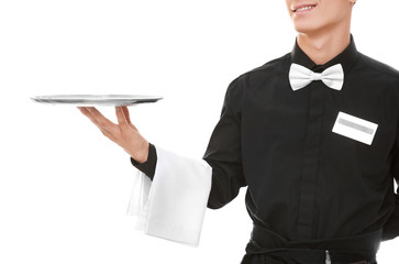 Waiter with metal tray on white background