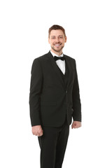 Handsome waiter on white background