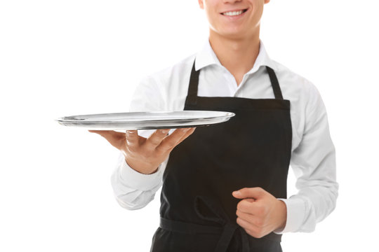 Waiter with metal tray on white background