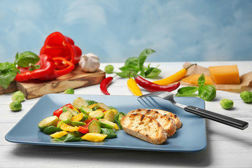 Plate of salad with Brussels sprouts on table