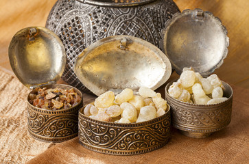 Frankincense is an aromatic resin, used for religious rites, incense and perfumes. High quality frankincense resin from Dhofar, Oman and Myrrh from Ethiopia - obrazy, fototapety, plakaty