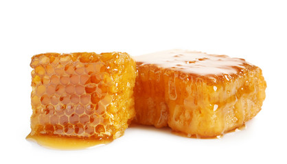 Fresh honeycombs on white background