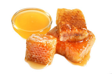 Fresh honeycombs on white background