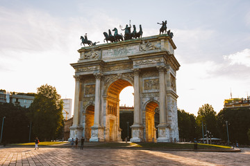 Fototapeta na wymiar Arch of Peace in Sempione Park, Milan, Lombardy, Italy. Arco della Pace aka Porta Sempione in Milan, Italy