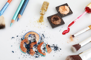 Makeup items on white background. Professional visage artist set