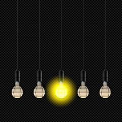 Alone Lamp Shine among Extinct on Transparent Background - Concept Vector Yellow Radiant Lampbulbs Halo
