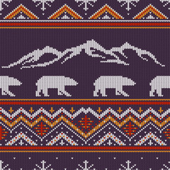 Winter knitted woolen pattern with polar bears on a background of snow-capped mountains