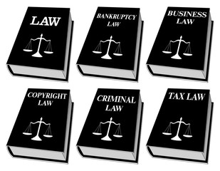 Law Books - One Color is an illustration of six law books used by lawyers and judges . They include books on law, bankruptcy law, business law, copyright law, criminal law, and tax law. 