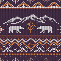 Winter knitted woolen pattern with polar bears on a background of snow-capped mountains