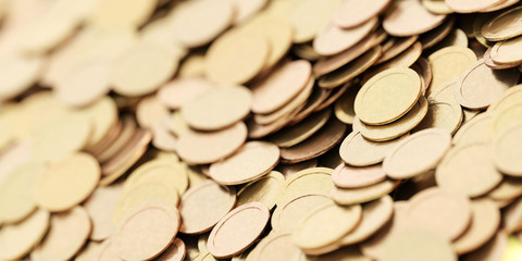Infinite golden coins horizontal background, realistic texture, original 3d rendering background