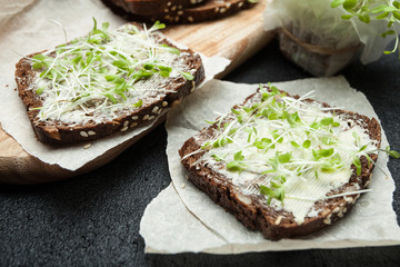 Fresh vegetarian sandwiches with microgreen on parchment paper.
