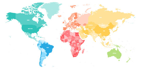 Fototapeta na wymiar Colorful political map of World divided into six continent with country name labels. Vector map in rainbow spectrum colors.