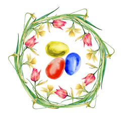 Easter wreath of flowers and twigs with Easter eggs. Isolated on white background. 