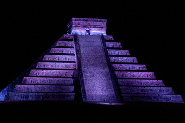 Night view of Kukulkan pyramid in ancient Mayan city Chichen Itza, Mexico