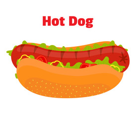 Fast food - hot dog, sausage, bun, vegetables. Cartoon flat style. Vector