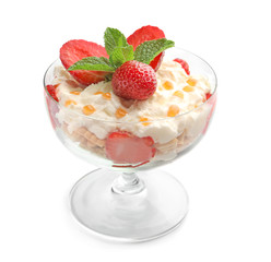 Yummy dessert with caramel topping in bowl on white background