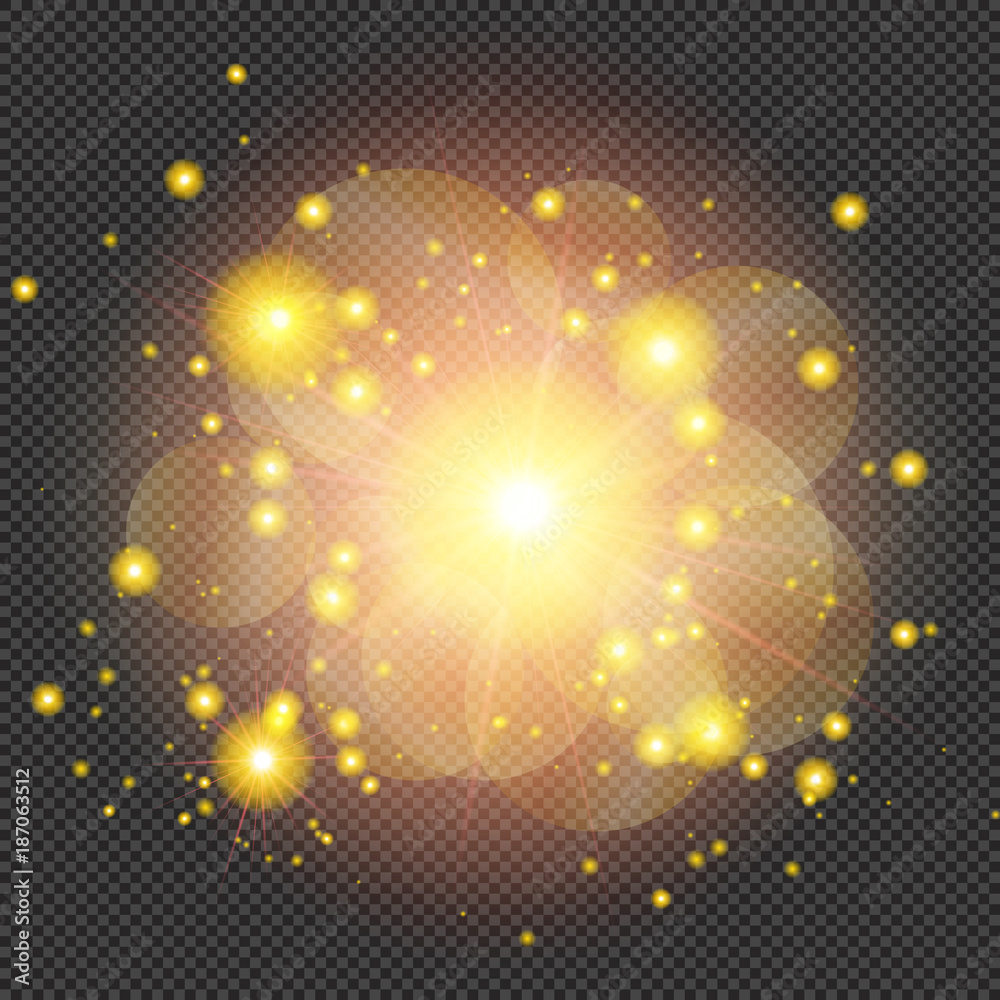 Wall mural yellow shine flare flash with sparks and bokeh effect on transparent background - vector radiant spa