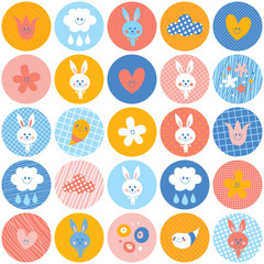circles pattern baby bunnies flowers clouds
