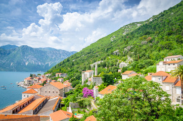 beautiful mediterranean landscape. Mountains near town Perast, Kotor bay (Boka Kotorska),...