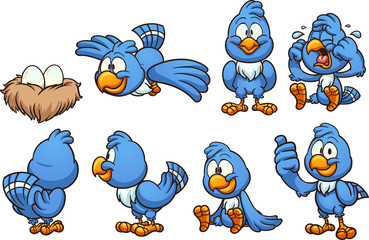 Cartoon blue bird in different positions. Vector clip art illustration with simple gradients. Some elements on separate layers. 