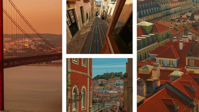 The Lisbon Collection (Signature Series): A collage of some of the most famous points of interest and means of transport in Lisbon, Portugal, including the Ponte 25 de Abril bridge.
