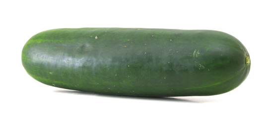 A fresh and tasty green vine ripened garden grown cucumber isolated on white.