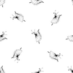Seamless pattern of hand drawn sketch style ballerina. Vector illustration isolated on white background.