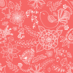 Seamless vector pattern of hand drawn sketch style abstract flowers and birds.
